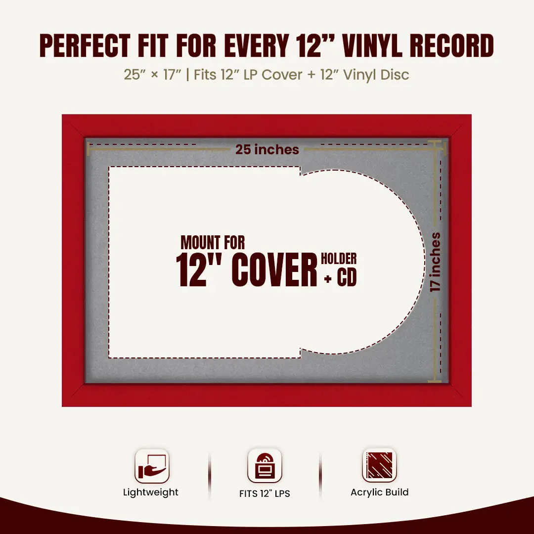 25x17" Modern Red Vinyl Record Frame For LP Cover & Disc With Mid Grey Mount | Overlapped Display thumbnail 3