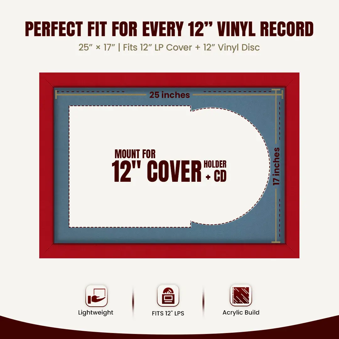 25x17" Modern Red Vinyl Record Frame For 12 Inch LP Cover & Disc (Overlapped) With Pompador Mount | Elegant Music Display thumbnail 3