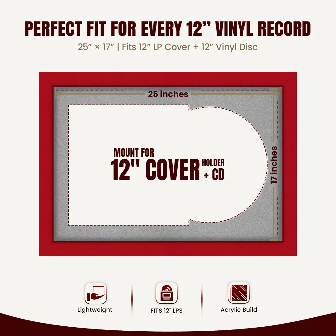 25x17" Modern Red Vinyl Record Frame For 12 Inch LP Cover & Disc (Overlapped) With Silver Mount | Elegant Music Display thumbnail 3