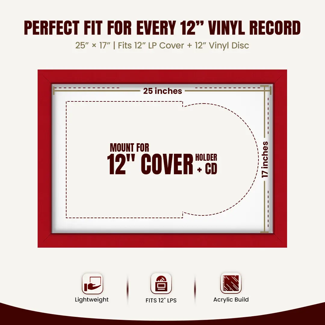 25x17" Modern Red Vinyl Record Frame For 12 Inch LP Cover & Disc (Overlapped) With Ice White Mount | Elegant Music Display thumbnail 3