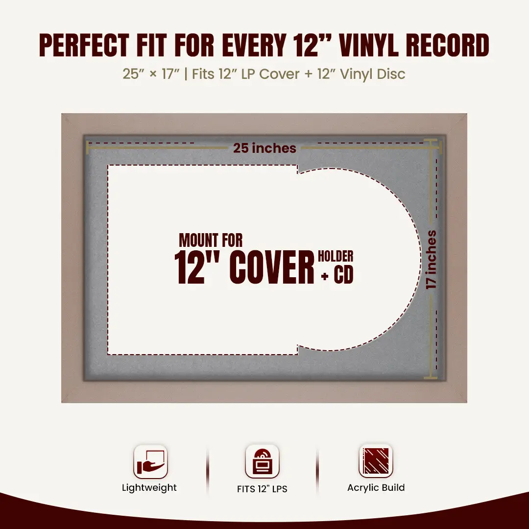 25x17" Modern Rose Gold Vinyl Record Frame For 12 Inch LP Cover & Disc (Overlapped) With Mid Grey Mount | Elegant Music Display thumbnail 3