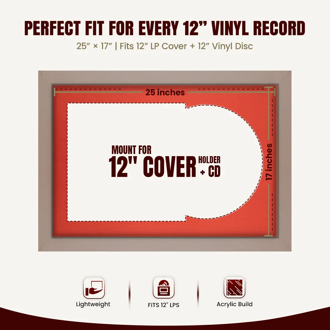 25x17" Modern Rose Gold Vinyl Record Frame For LP Cover & Disc With Poppy Red Mount | Overlapped Display thumbnail 3