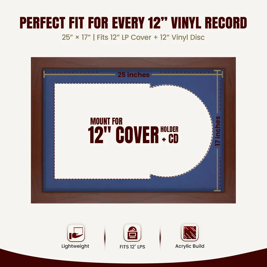 25x17" Modern Rose Wood Vinyl Record Frame For 12 Inch LP Cover & Disc (Overlapped) With Blue Mount | Elegant Music Display thumbnail 3