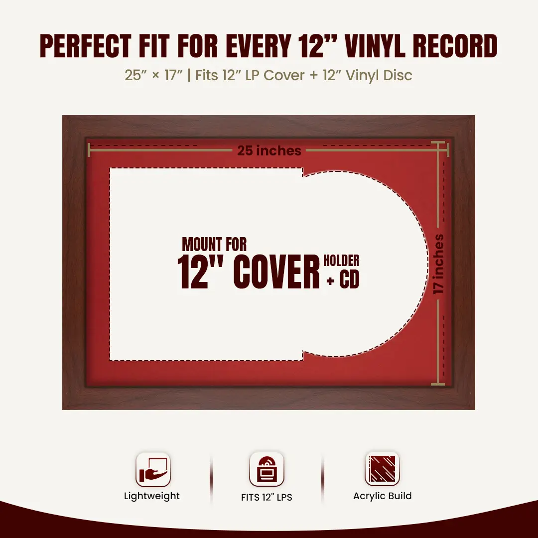 25x17" Modern Rose Wood Vinyl Record Frame For 12 Inch LP Cover & Disc With Crimson Mount | Overlapped Vinyl Display thumbnail 3