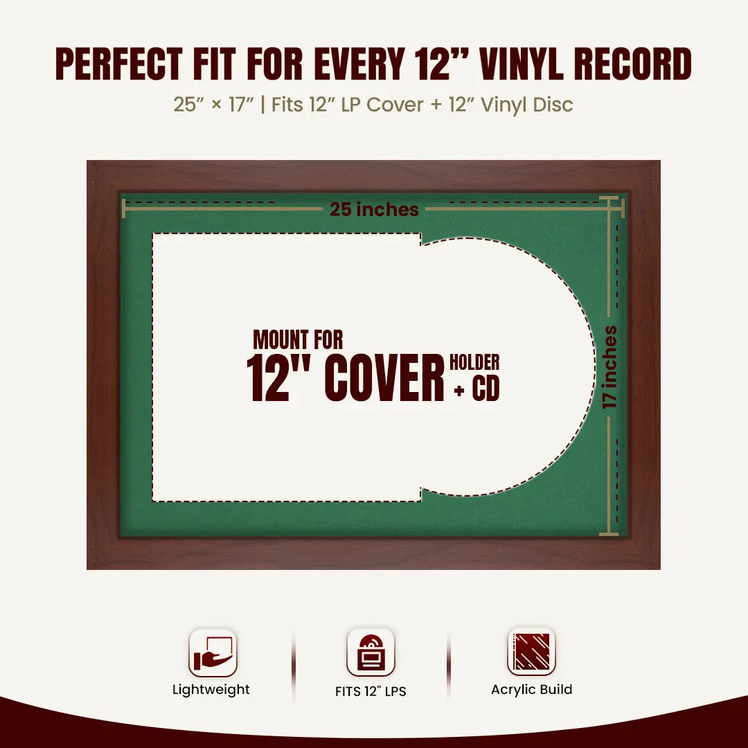 25x17" Modern Rose Wood Vinyl Record Frame For 12 Inch LP Cover & Disc (Overlapped) With Emerald (Green) Mount | Elegant Music Display thumbnail 3