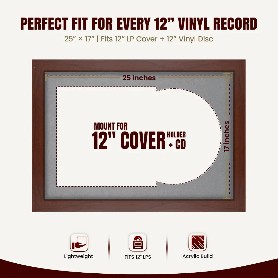 25x17" Modern Rose Wood Vinyl Record Frame For 12 Inch LP Cover & Disc With Mid Grey Mount | Overlapped Vinyl Display thumbnail 3