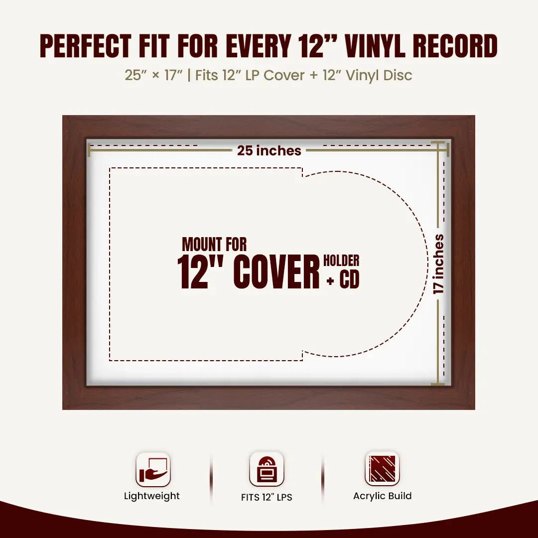 25x17" Modern Rose Wood Vinyl Record Frame For 12 Inch LP Cover & Disc (Overlapped) With Ice White Mount | Elegant Music Display thumbnail 3
