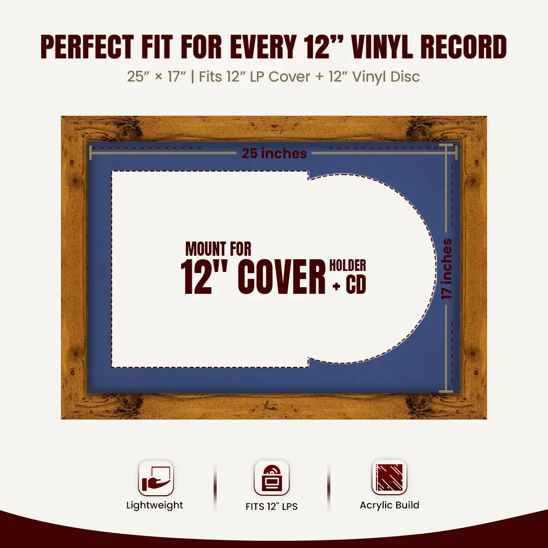 25x17" Modern Rustic Oak Vinyl Record Frame For 12 Inch LP Cover & Disc With Blue Mount | Overlapped Vinyl Display thumbnail 3