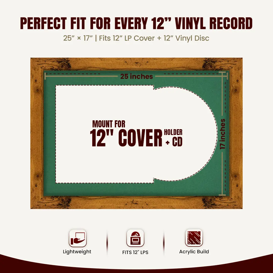25x17" Modern Rustic Oak Vinyl Record Frame For LP Cover & Disc With Emerald (Green) Mount | Overlapped Display thumbnail 3