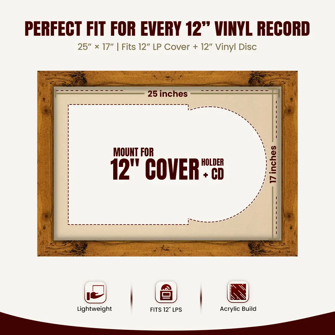 25x17" Modern Rustic Oak Vinyl Record Frame For 12 Inch LP Cover & Disc With Ivory Mount | Overlapped Vinyl Display thumbnail 3
