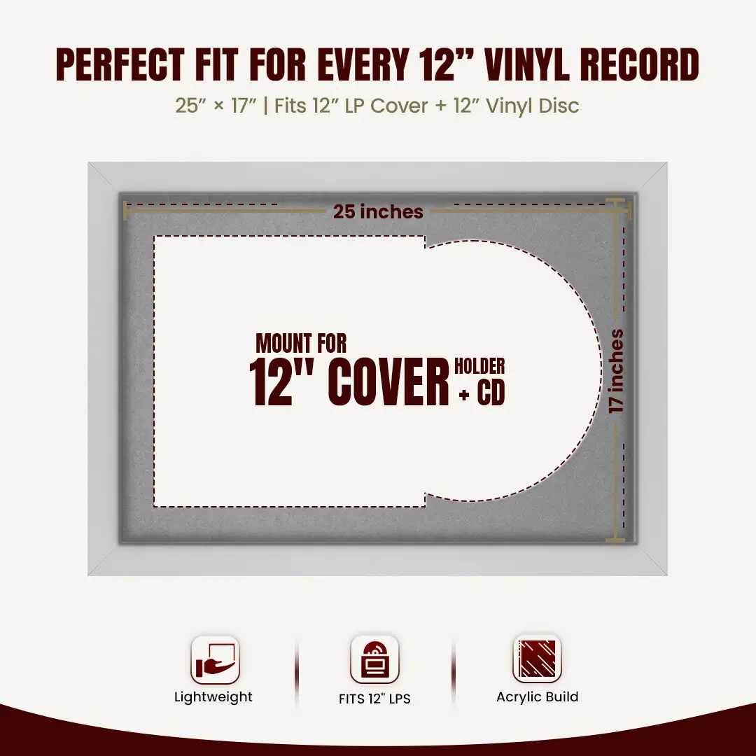 25x17" Modern Silver Vinyl Record Frame For 12 Inch LP Cover & Disc (Overlapped) With Mid Grey Mount | Elegant Music Display thumbnail 3