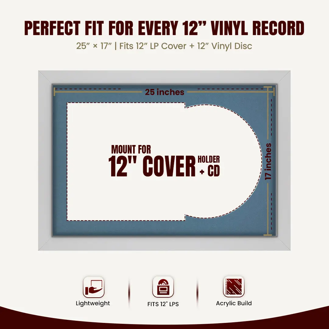 25x17" Modern Silver Vinyl Record Frame For 12 Inch LP Cover & Disc (Overlapped) With Pompador Mount | Elegant Music Display thumbnail 3