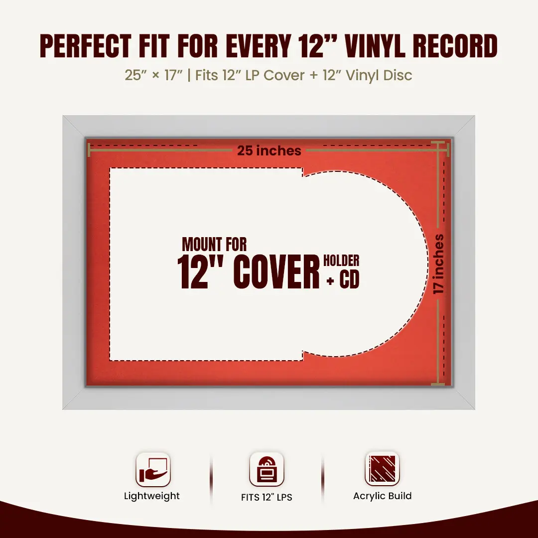 25x17" Modern Silver Vinyl Record Frame For 12 Inch LP Cover & Disc (Overlapped) With Poppy Red Mount | Elegant Music Display thumbnail 3