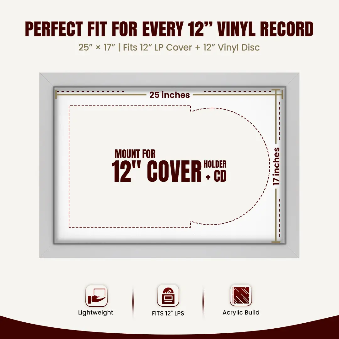 25x17" Modern Silver Vinyl Record Frame For 12 Inch LP Cover & Disc (Overlapped) With Ice White Mount | Elegant Music Display thumbnail 3