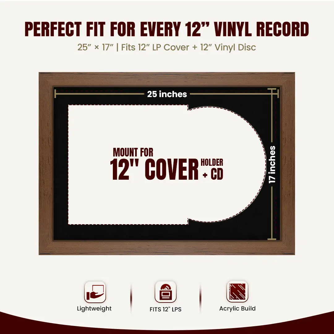 25x17" Modern Walnut Vinyl Record Frame For 12 Inch LP Cover & Disc (Overlapped) With Black Mount | Elegant Music Display thumbnail 3