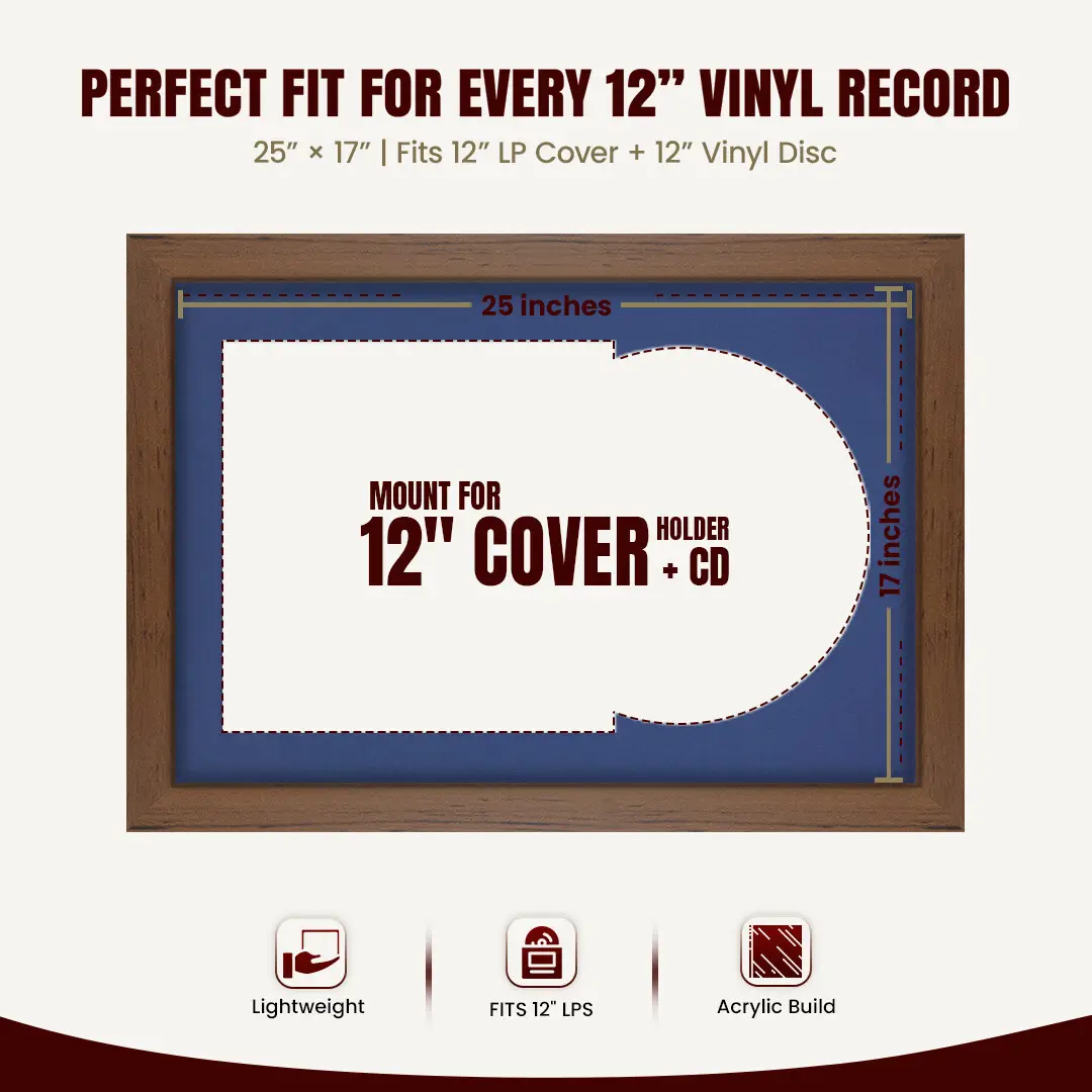 25x17" Modern Walnut Vinyl Record Frame For 12 Inch LP Cover & Disc (Overlapped) With Blue Mount | Elegant Music Display thumbnail 3