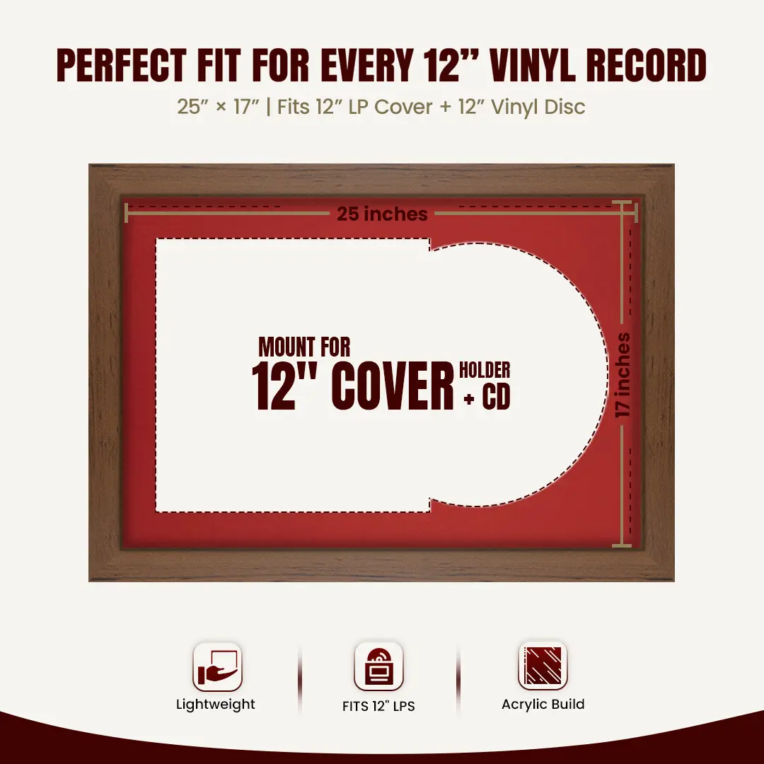 25x17" Modern Walnut Vinyl Record Frame For 12 Inch LP Cover & Disc With Crimson Mount | Overlapped Vinyl Display thumbnail 3