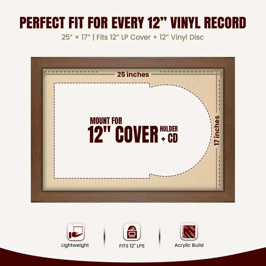 25x17" Modern Walnut Vinyl Record Frame For 12 Inch LP Cover & Disc (Overlapped) With Ivory Mount | Elegant Music Display thumbnail 3