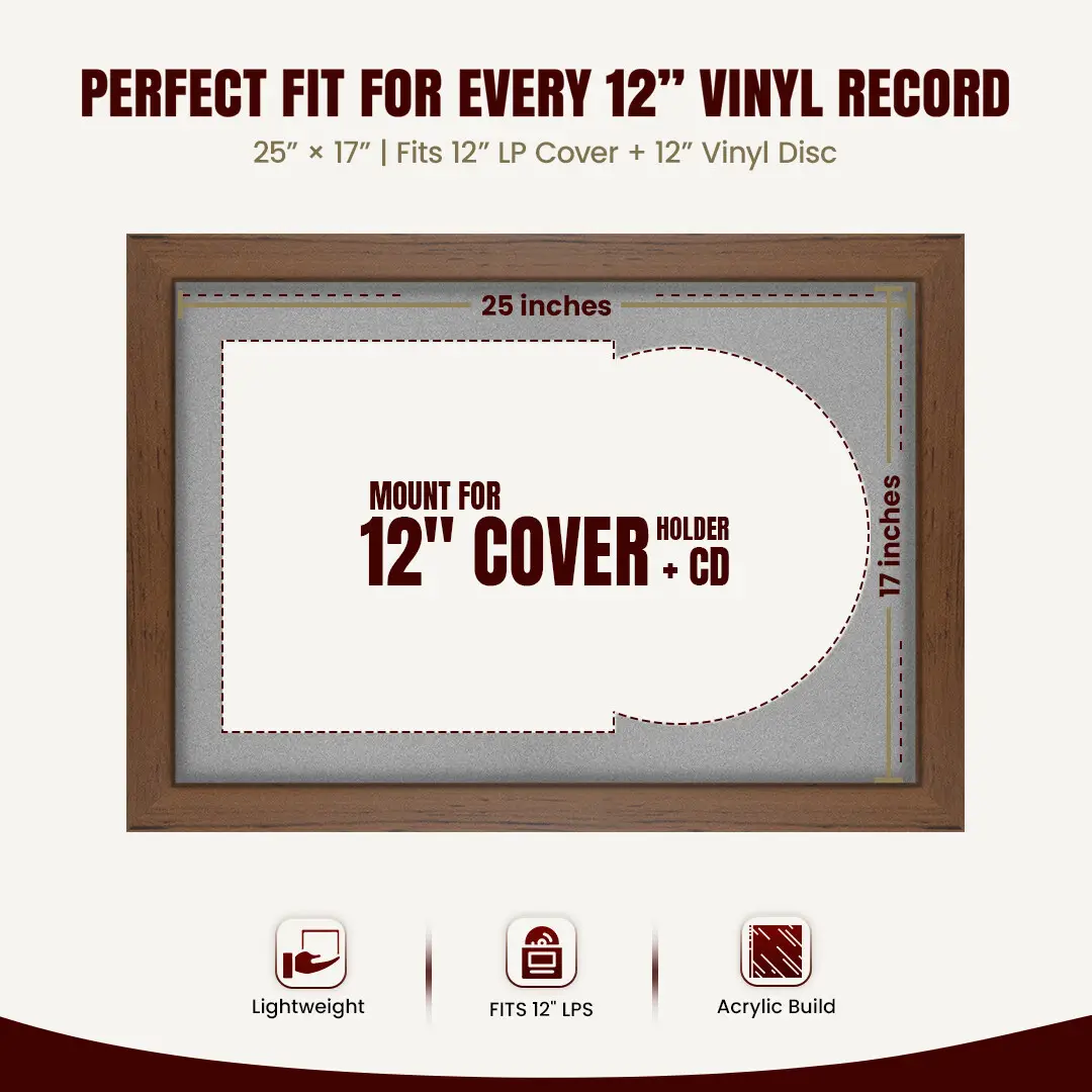 25x17" Modern Walnut Vinyl Record Frame For 12 Inch LP Cover & Disc (Overlapped) With Silver Mount | Elegant Music Display thumbnail 3