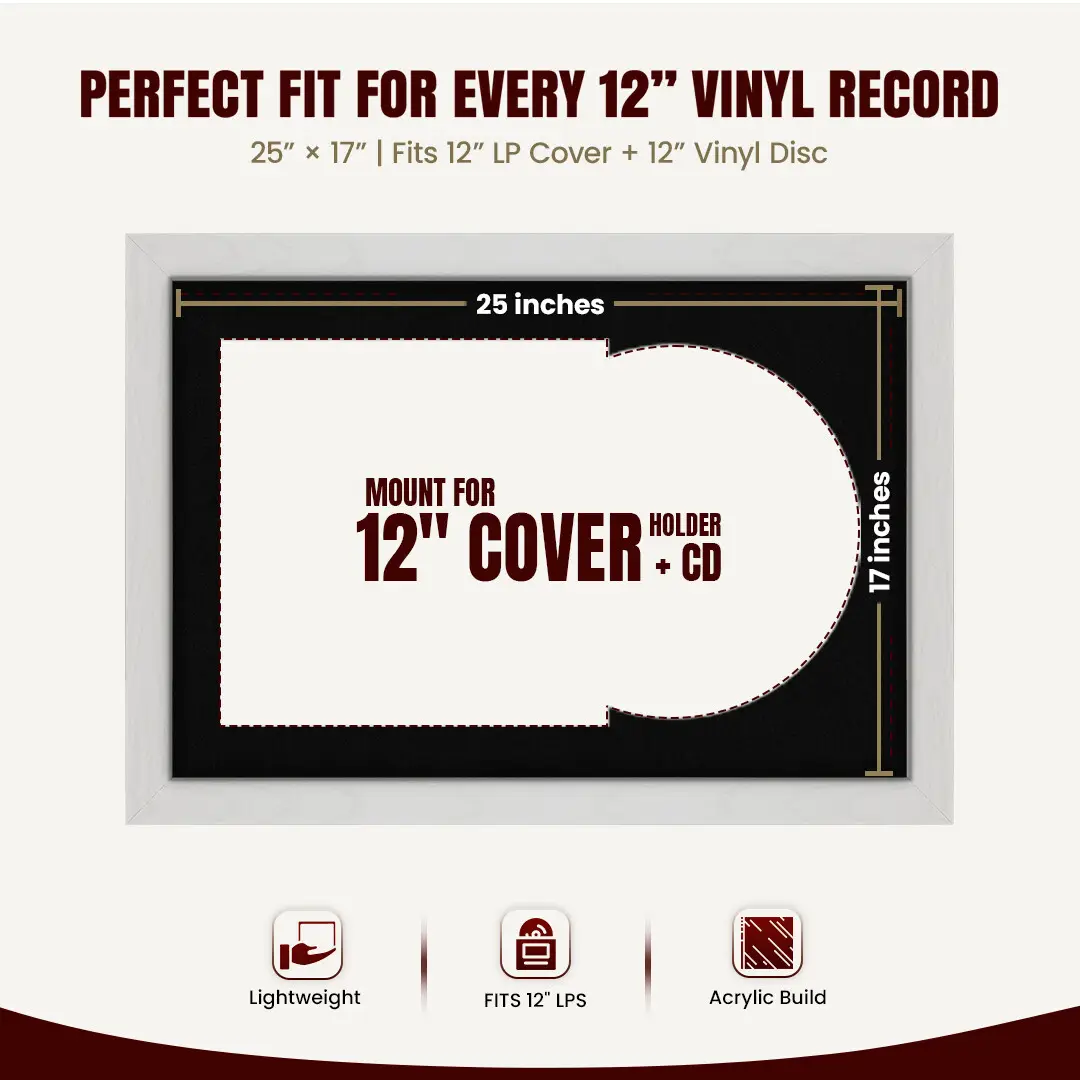 25x17" Modern Ash White Vinyl Record Frame For 12 Inch LP Cover & Disc (Overlapped) With Black Mount | Elegant Music Display thumbnail 3