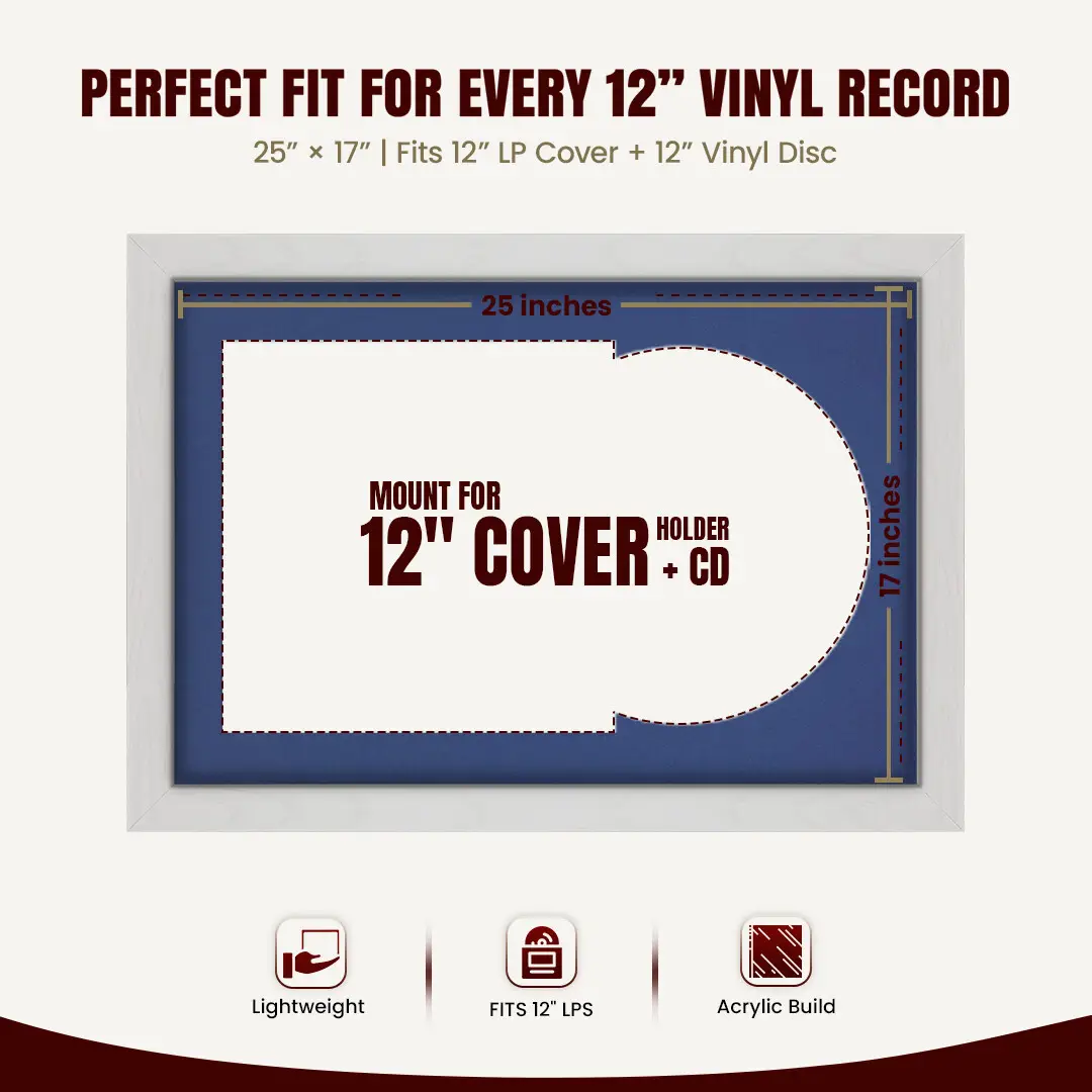25x17" Modern Ash White Vinyl Record Frame For 12 Inch LP Cover & Disc (Overlapped) With Blue Mount | Elegant Music Display thumbnail 3