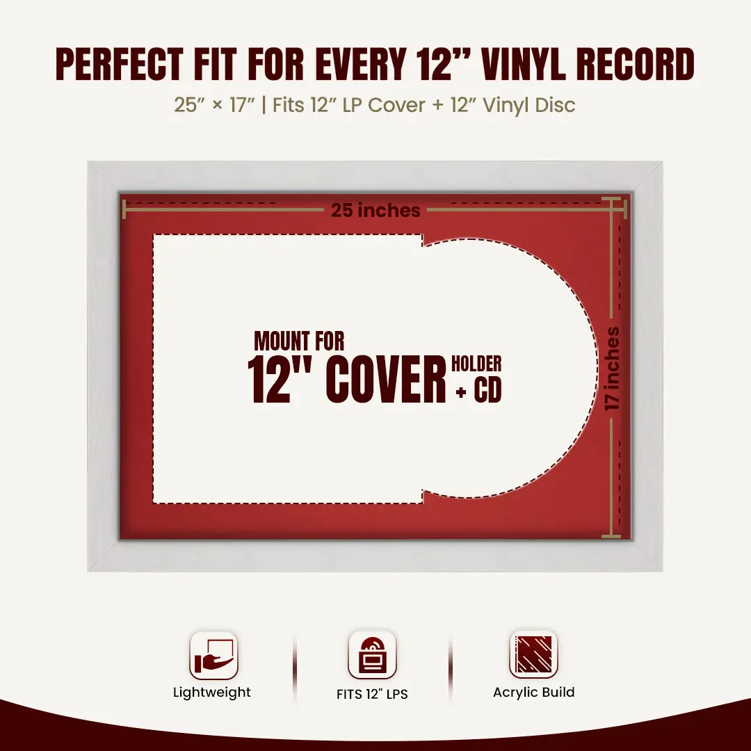 25x17" Modern Ash White Vinyl Record Frame For 12 Inch LP Cover & Disc With Crimson Mount | Overlapped Vinyl Display thumbnail 3