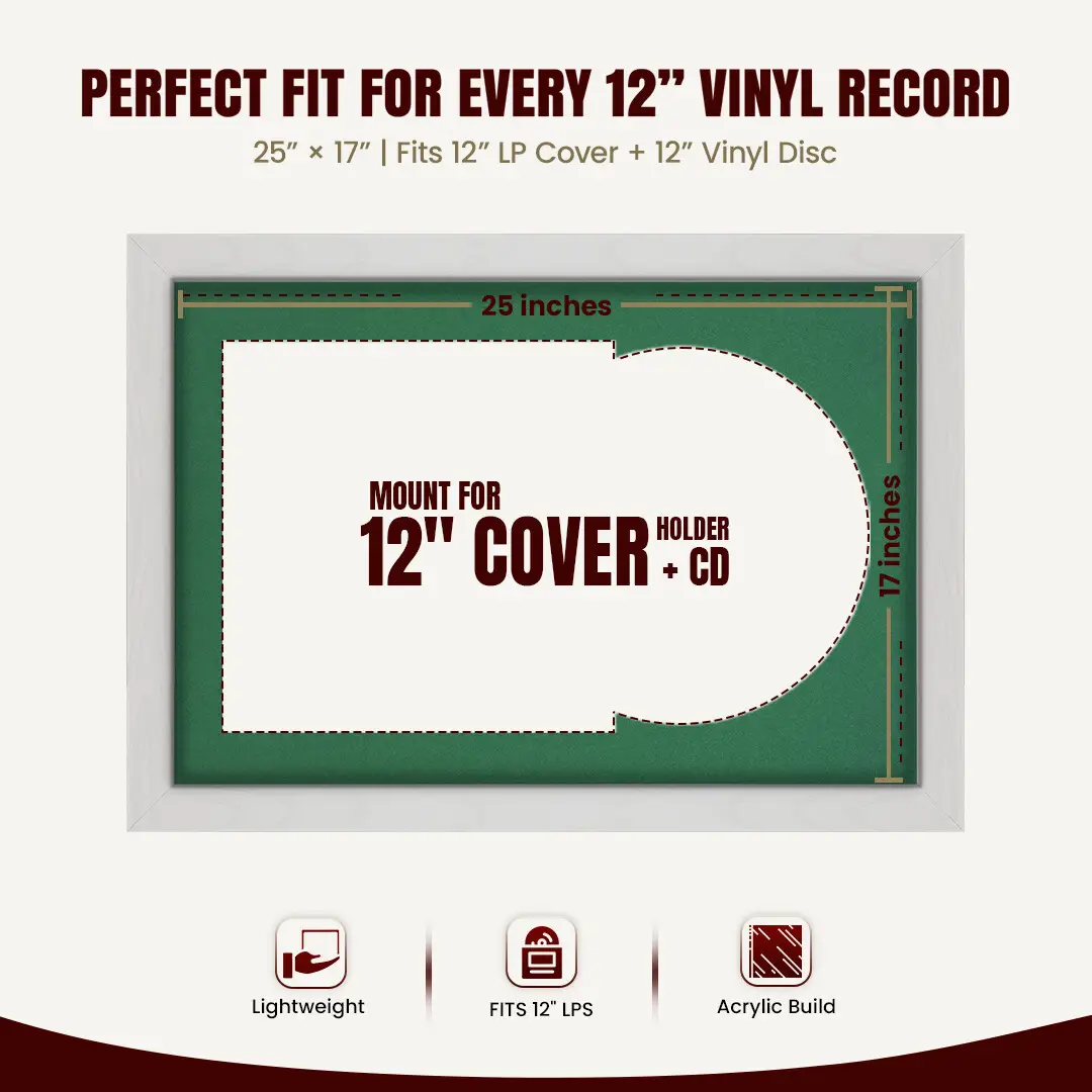25x17" Modern Ash White Vinyl Record Frame For 12 Inch LP Cover & Disc (Overlapped) With Emerald (Green) Mount | Elegant Music Display thumbnail 3