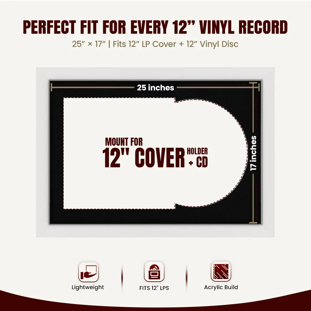 25x17" Modern White Vinyl Record Frame For 12 Inch LP Cover & Disc (Overlapped) With Black Mount | Elegant Music Display thumbnail 3