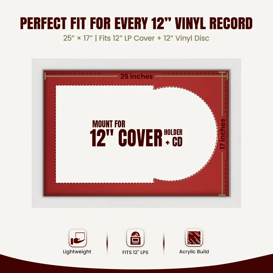 25x17" Modern White Vinyl Record Frame For LP Cover & Disc With Crimson Mount | Overlapped Display thumbnail 3