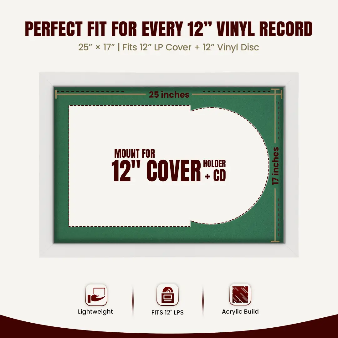 25x17" Modern White Vinyl Record Frame For 12 Inch LP Cover & Disc With Emerald (Green) Mount | Overlapped Vinyl Display thumbnail 3