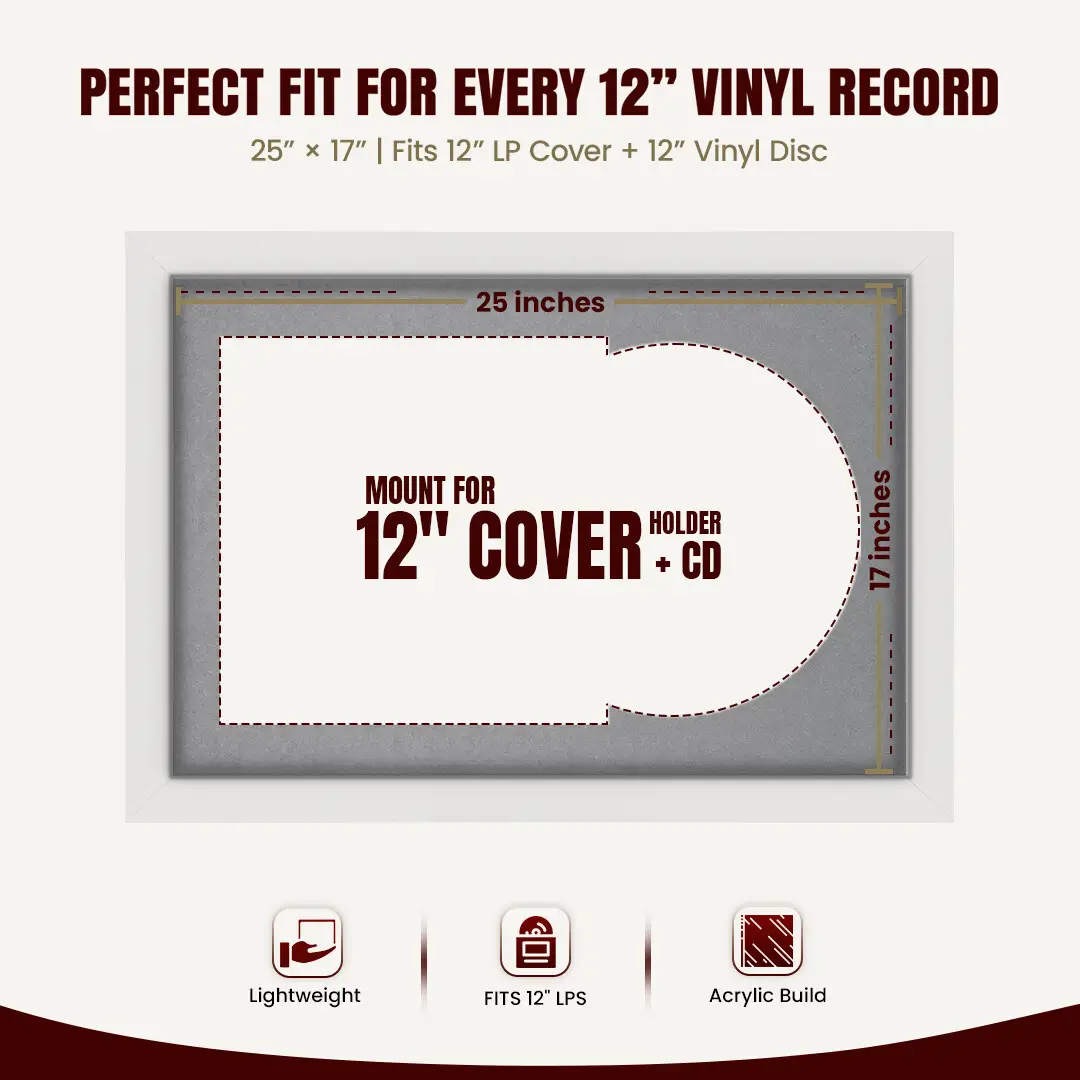 25x17" Modern White Vinyl Record Frame For 12 Inch LP Cover & Disc With Mid Grey Mount | Overlapped Vinyl Display thumbnail 3
