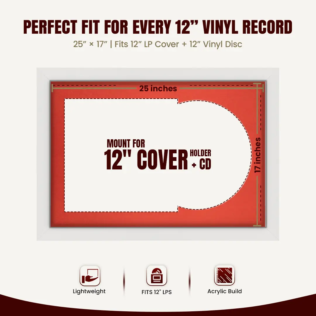 25x17" Modern White Vinyl Record Frame For 12 Inch LP Cover & Disc With Poppy Red Mount | Overlapped Vinyl Display thumbnail 3
