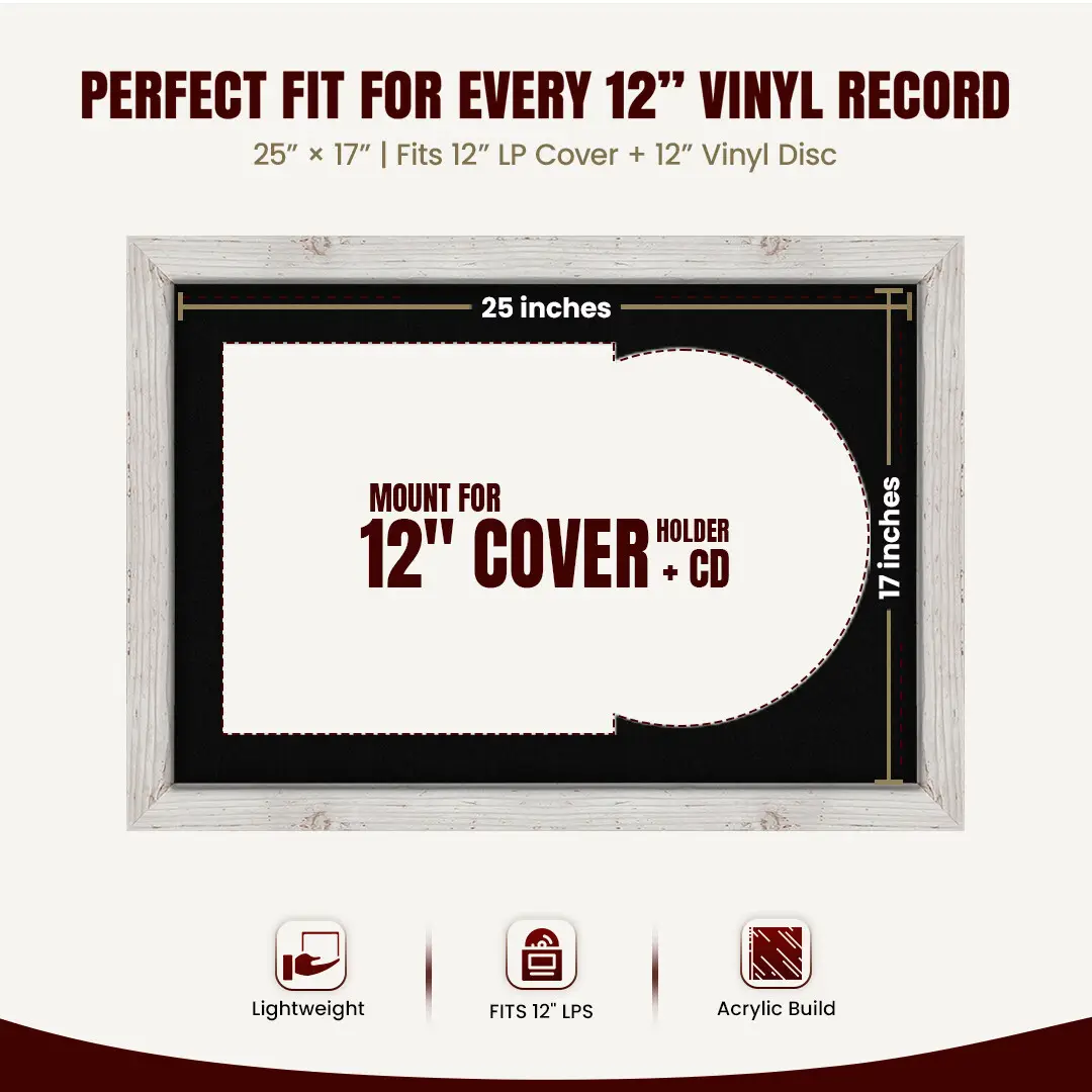 25x17" Modern White Rustic Vinyl Record Frame For 12 Inch LP Cover & Disc (Overlapped) With Black Mount | Elegant Music Display thumbnail 3
