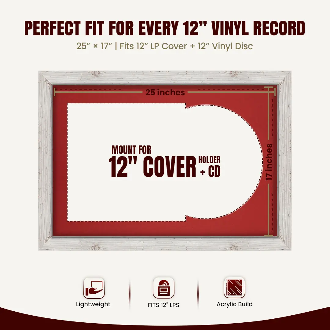 25x17" Modern White Rustic Vinyl Record Frame For 12 Inch LP Cover & Disc (Overlapped) With Crimson Mount | Elegant Music Display thumbnail 3