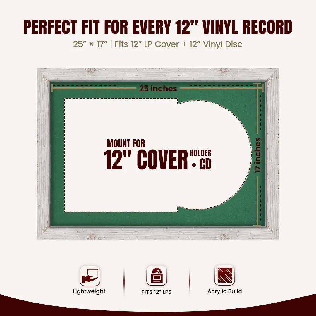 25x17" Modern White Rustic Vinyl Record Frame For 12 Inch LP Cover & Disc (Overlapped) With Emerald (Green) Mount | Elegant Music Display thumbnail 3