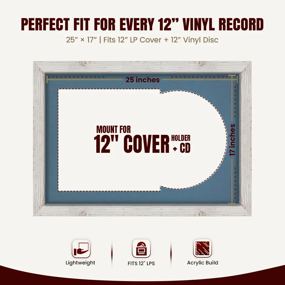 25x17" Modern White Rustic Vinyl Record Frame For 12 Inch LP Cover & Disc (Overlapped) With Pompador Mount | Elegant Music Display thumbnail 3