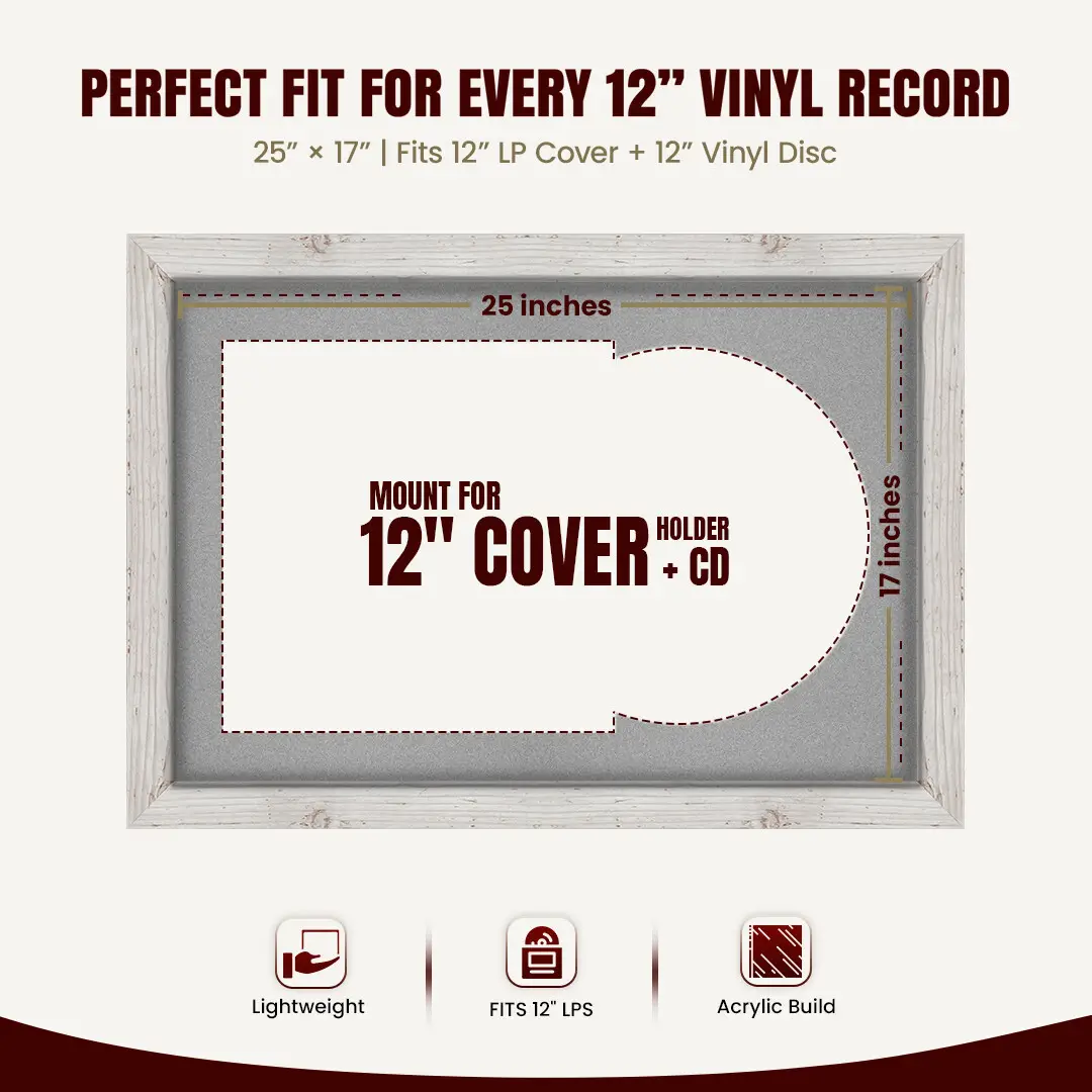 25x17" Modern White Rustic Vinyl Record Frame For LP Cover & Disc With Silver Mount | Overlapped Display thumbnail 3
