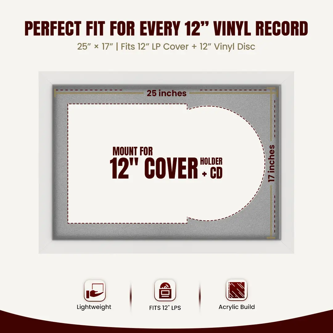 25x17" Modern White Vinyl Record Frame For LP Cover & Disc With Silver Mount | Overlapped Display thumbnail 3