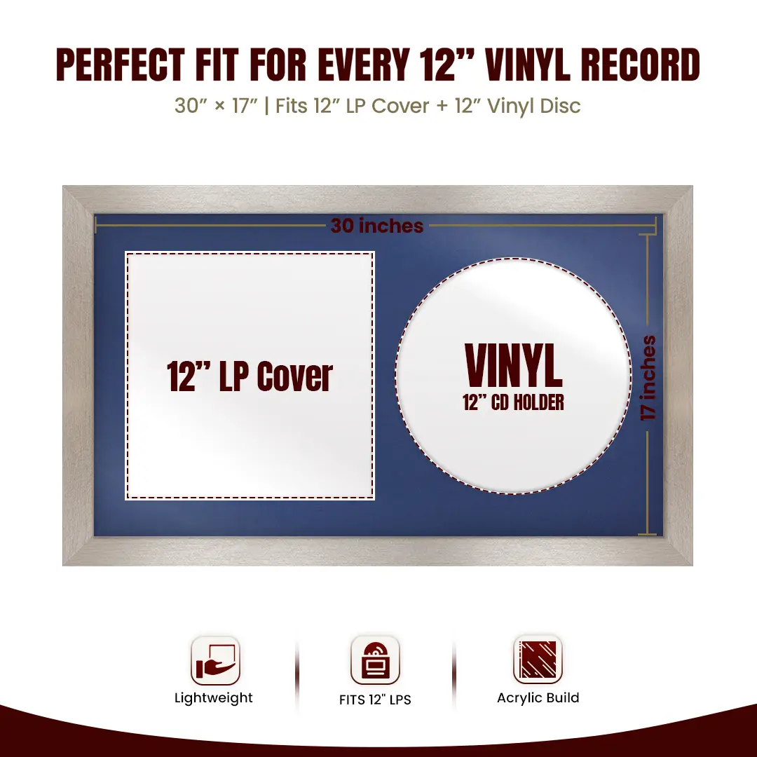 30x17" Modern Aluminium Vinyl Record Frame With Blue Mount | For 12" LP Cover and Disc Side By Side Display thumbnail 3