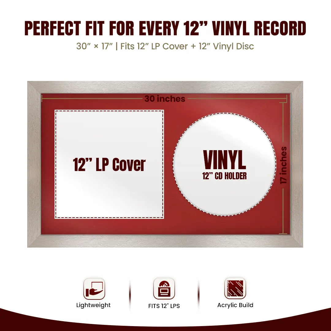 30x17" Modern Aluminium Vinyl Record Frame With Crimson Mount | Displays 12" LP Cover & Disc Side by Side thumbnail 3
