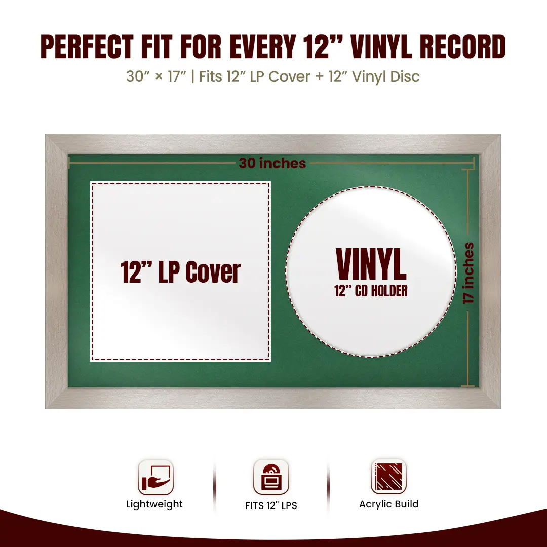 30x17" Modern Aluminium Vinyl Record Frame With Emerald (Green) Mount | Displays 12" LP Cover & Disc Side by Side thumbnail 3