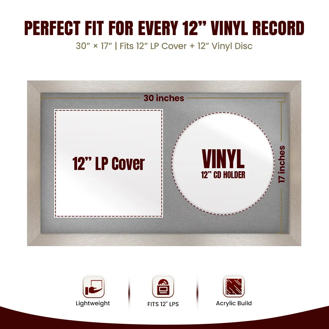 30x17" Modern Aluminium Vinyl Record Frame With Silver Mount | For 12" LP Cover and Disc Side By Side Display thumbnail 3