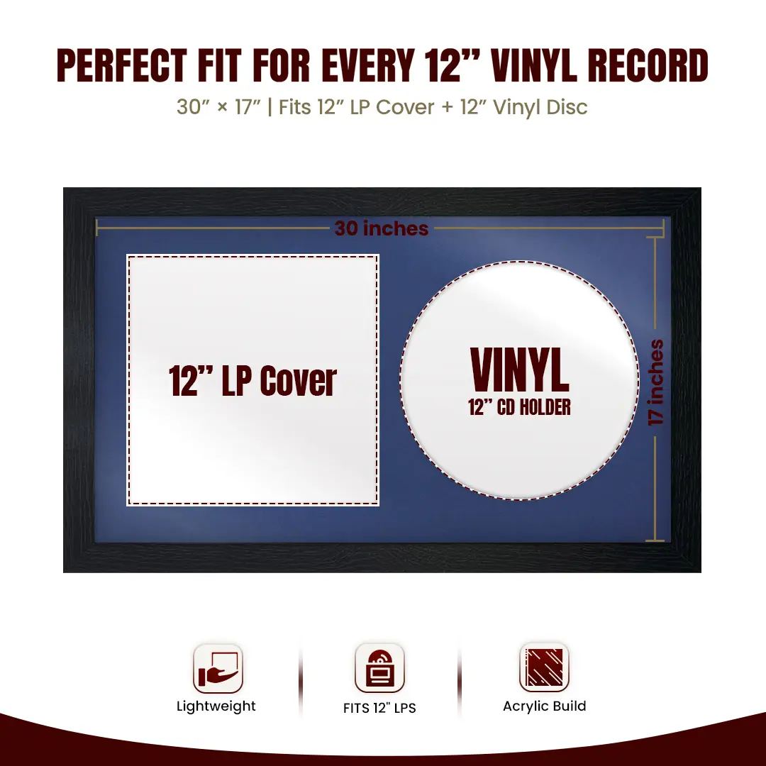 30x17" Modern Black Vinyl Record Frame With Blue Mount | For 12" LP Cover and Disc Side By Side Display thumbnail 3