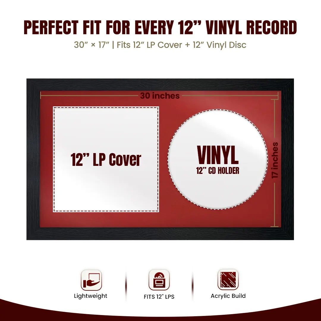 30x17" Modern Black Vinyl Record Frame With Crimson Mount | For 12" LP Cover and Disc Side By Side Display thumbnail 3