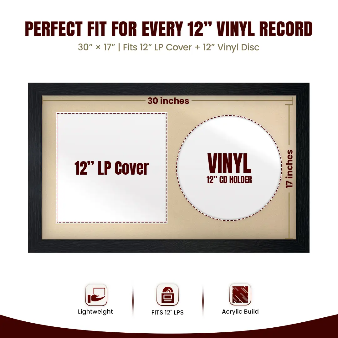 30x17" Modern Black Vinyl Record Frame With Ivory Mount | Side by Side 12" LP Cover & Disc Display thumbnail 3