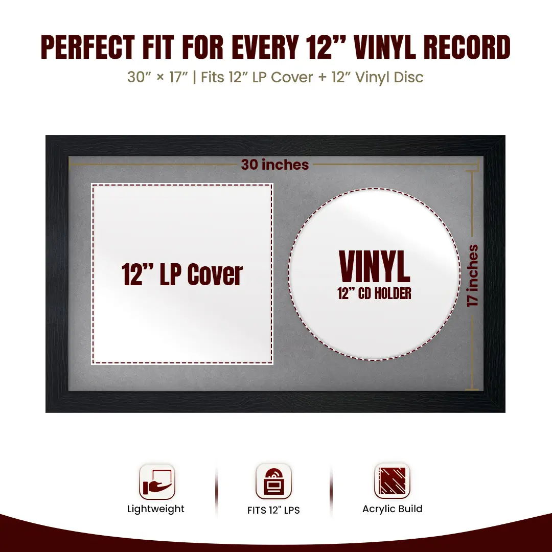 30x17" Modern Black Vinyl Record Frame With Mid Grey Mount | For 12" LP Cover and Disc Side By Side Display thumbnail 3