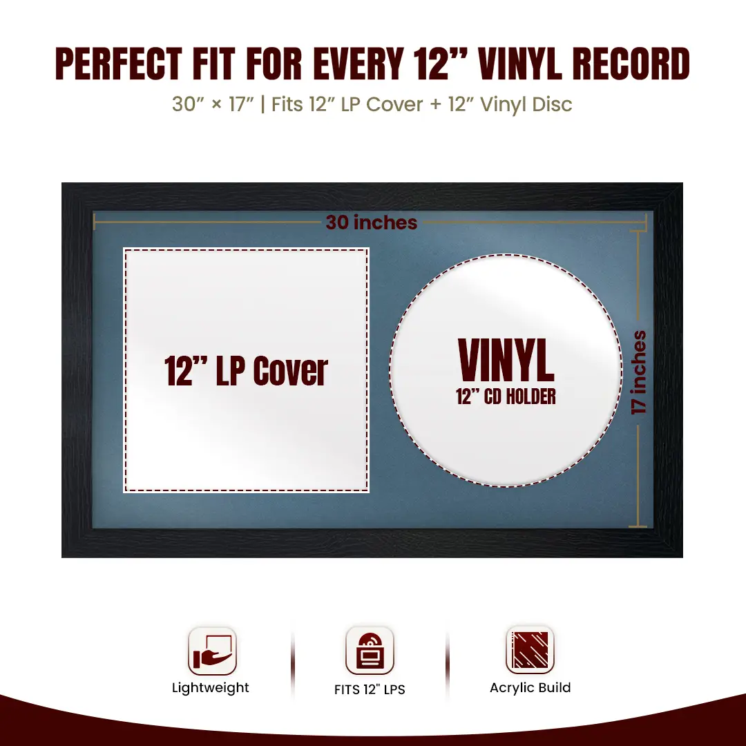 30x17" Modern Black Vinyl Record Frame With Pompador Mount | Side by Side 12" LP Cover & Disc Display thumbnail 3