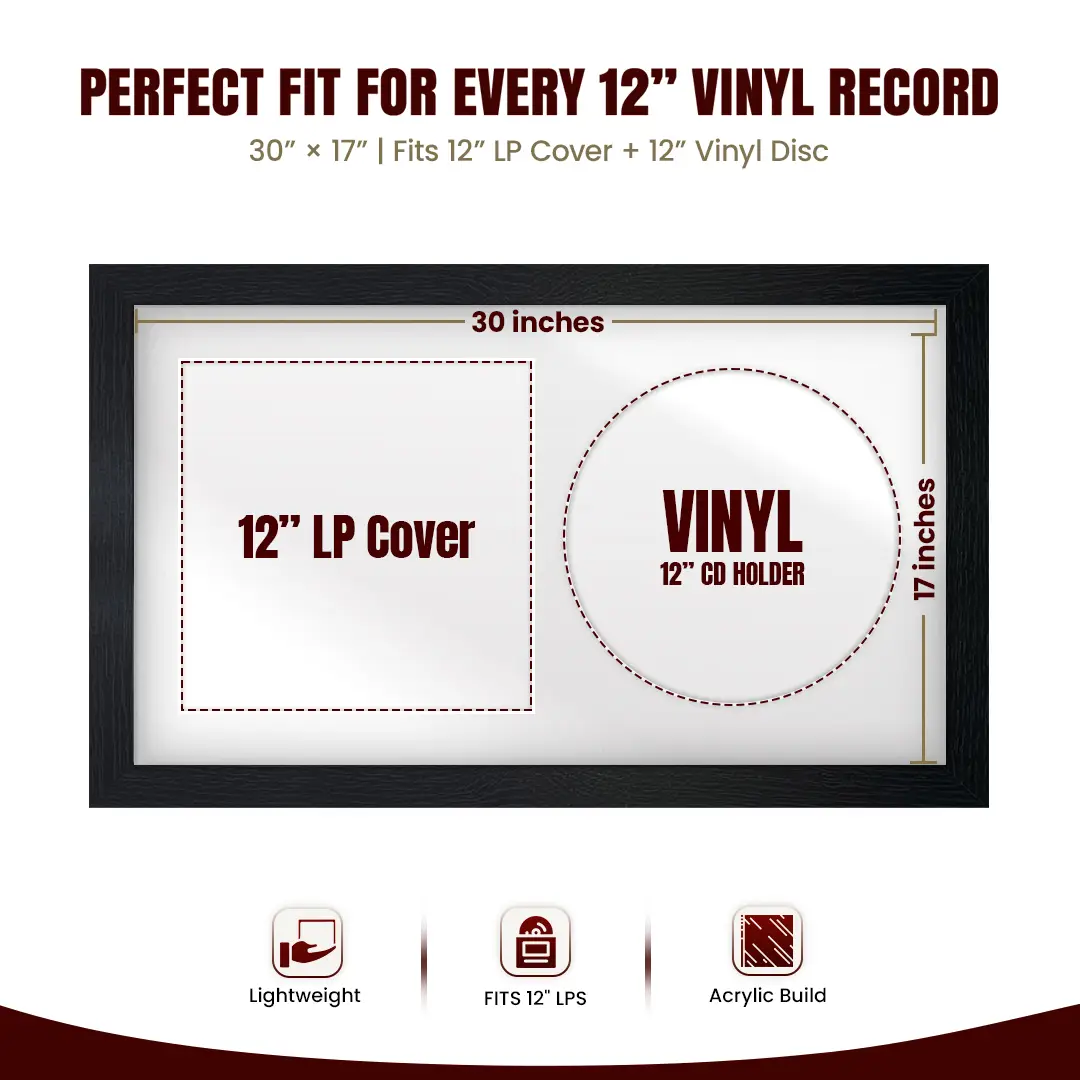 30x17" Modern Black Vinyl Record Frame With Ice White Mount | Displays 12" LP Cover & Disc Side by Side thumbnail 3