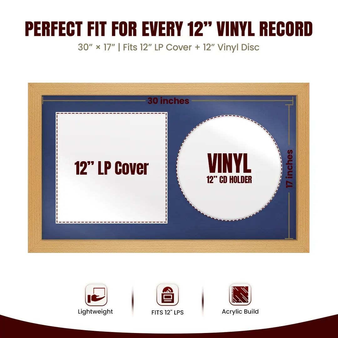 30x17" Modern Country Pine Vinyl Record Frame With Blue Mount | Displays 12" LP Cover & Disc Side by Side thumbnail 3