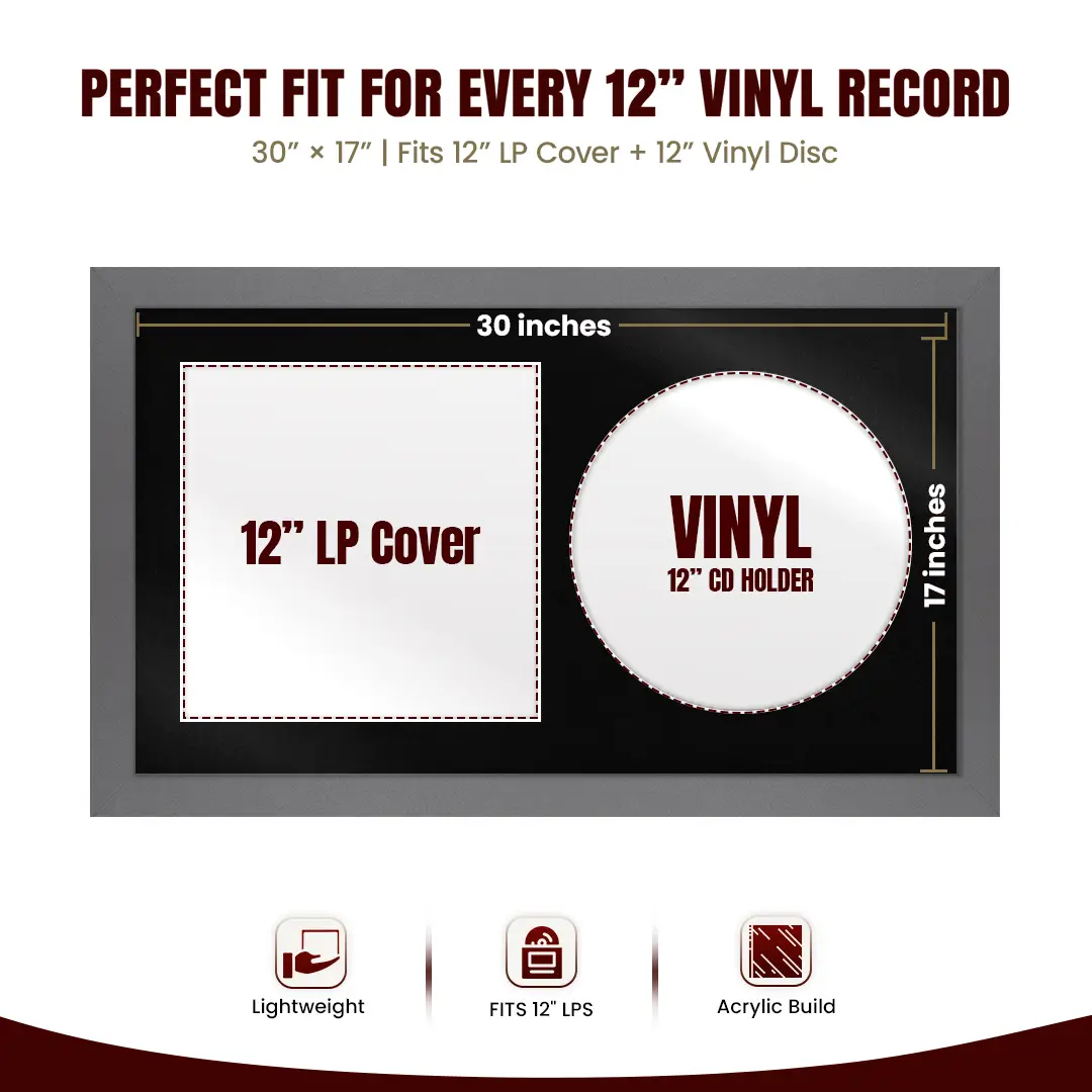 30x17" Modern Dark Grey Vinyl Record Frame With Silver Mount | Displays 12" LP Cover & Disc Side by Side thumbnail 3